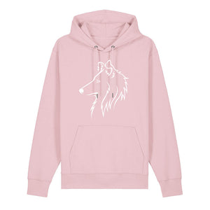 White outline illustration of the head of a Rough Collie on the front of a cotton pink unisex Hoodie