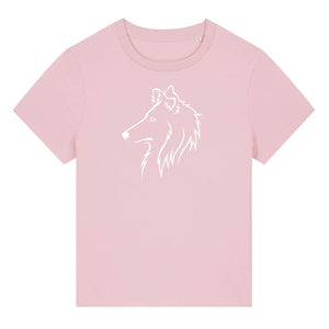 White outline illustration of the head of a Rough Collie on the front of a cotton pink ladies t-shirt