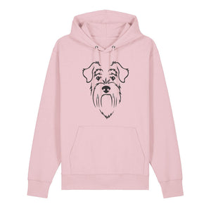 Black outline illustration of the head of a Schnauzer on the front of a cotton pink unisex Hoodie