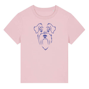 Blue outline illustration of the head of a Schnauzer on the front of a cotton pink ladies t-shirt