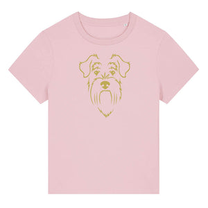 Gold outline illustration of the head of a Schnauzer on the front of a cotton pink ladies t-shirt