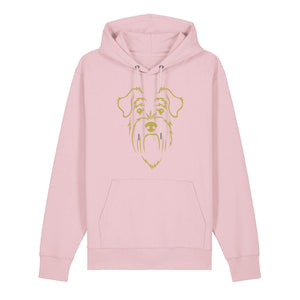 Gold outline illustration of the head of a Schnauzer on the front of a cotton pink unisex Hoodie