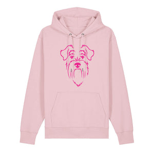 Magenta outline illustration of the head of a Schnauzer on the front of a cotton pink unisex Hoodie