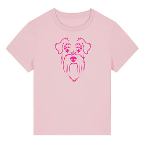 Magenta outline illustration of the head of a Schnauzer on the front of a cotton pink ladies t-shirt