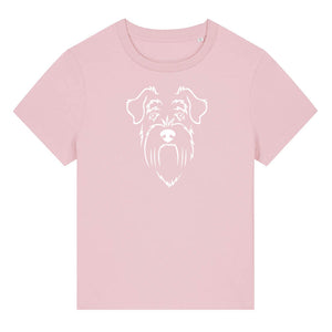 White outline illustration of the head of a Schnauzer on the front of a cotton pink ladies t-shirt