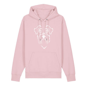 White outline illustration of the head of a Schnauzer on the front of a cotton pink unisex Hoodie