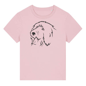 Black outline illustration of the head of an Old English Sheepdog on the front of a cotton pink ladies t-shirt