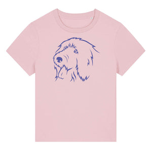 Blue outline illustration of the head of an Old English Sheepdog on the front of a cotton pink ladies t-shirt