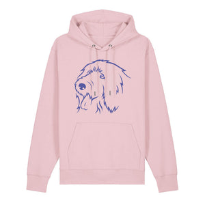 Blue outline illustration of the head of an Old English Sheepdog on the front of a cotton pink unisex Hoodie