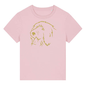 Gold outline illustration of the head of an Old English Sheepdog on the front of a cotton pink ladies t-shirt