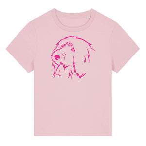 Magenta outline illustration of the head of an Old English Sheepdog on the front of a cotton pink ladies t-shirt