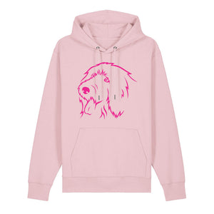 Magenta outline illustration of the head of an Old English Sheepdog on the front of a cotton pink unisex Hoodie