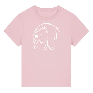 White outline illustration of the head of an Old English Sheepdog on the front of a cotton pink ladies t-shirt