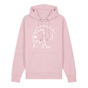 White outline illustration of the head of an Old English Sheepdog on the front of a cotton pink unisex Hoodie