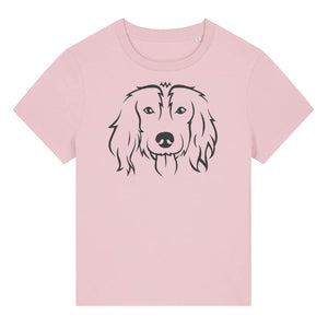 Black outline illustration of the head of a Spaniel on the front of a cotton pink ladies t-shirt