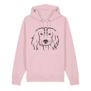 Black outline illustration of the head of a Spaniel on the front of a cotton pink unisex Hoodie