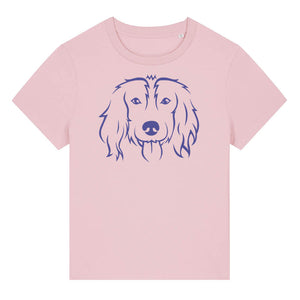 Blue outline illustration of the head of a Spaniel on the front of a cotton pink ladies t-shirt