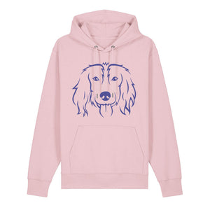 Blue outline illustration of the head of a Spaniel on the front of a cotton pink unisex Hoodie