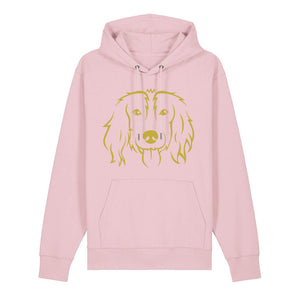 Gold outline illustration of the head of a Spaniel on the front of a cotton pink unisex Hoodie