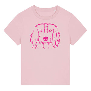 Magenta outline illustration of the head of a Spaniel on the front of a cotton pink ladies t-shirt