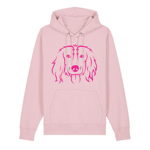 Magenta outline illustration of the head of a Spaniel on the front of a cotton pink unisex Hoodie