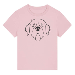 Black outline illustration of the head of a Saint Bernard on the front of a cotton pink ladies t-shirt