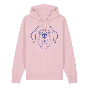 Blue outline illustration of the head of a Saint Bernard on the front of a cotton pink unisex Hoodie