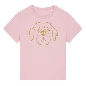 Gold outline illustration of the head of a Saint Bernard on the front of a cotton pink ladies t-shirt