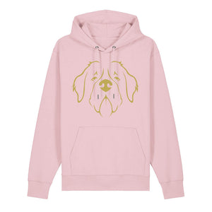 Gold outline illustration of the head of a Saint Bernard on the front of a cotton pink unisex Hoodie