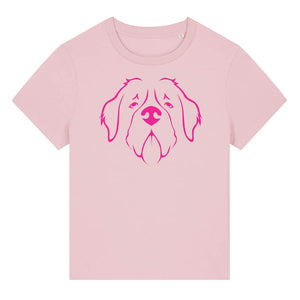 Magenta outline illustration of the head of a Saint Bernard on the front of a cotton pink ladies t-shirt