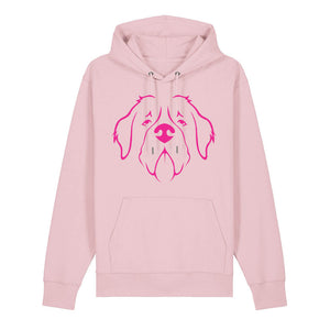 Magenta outline illustration of the head of a Saint Bernard on the front of a cotton pink unisex Hoodie