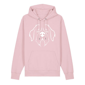 White outline illustration of the head of a Saint Bernard on the front of a cotton pink unisex Hoodie