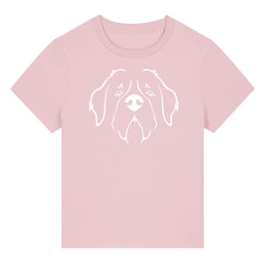 White outline illustration of the head of a Saint Bernard on the front of a cotton pink ladies t-shirt