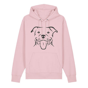 Black outline illustration of the head of a Staffordshire Bull Terrier on the front of a cotton pink unisex Hoodie