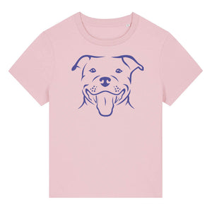 Blue outline illustration of the head of a Staffordshire Bull Terrier on the front of a cotton pink ladies t-shirt