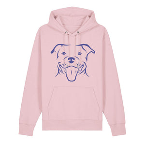 Blue outline illustration of the head of a Staffordshire Bull Terrier on the front of a cotton pink unisex Hoodie