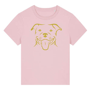 Gold outline illustration of the head of a Staffordshire Bull Terrier on the front of a cotton pink ladies t-shirt