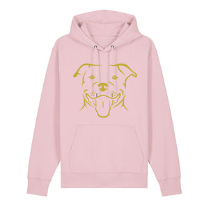 Gold outline illustration of the head of a Staffordshire Bull Terrier on the front of a cotton pink unisex Hoodie