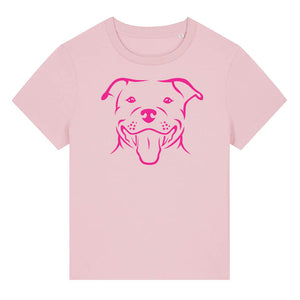 Magenta outline illustration of the head of a Staffordshire Bull Terrier on the front of a cotton pink ladies t-shirt