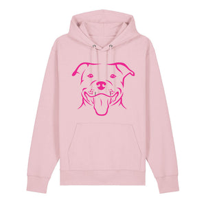 Magenta outline illustration of the head of a Staffordshire Bull Terrier on the front of a cotton pink unisex Hoodie