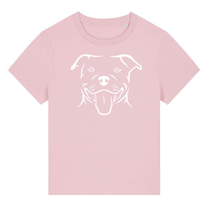 White outline illustration of the head of a Staffordshire Bull Terrier on the front of a cotton pink ladies t-shirt