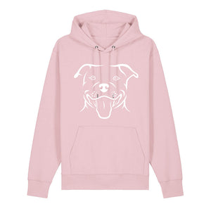 White outline illustration of the head of a Staffordshire Bull Terrier on the front of a cotton pink unisex Hoodie