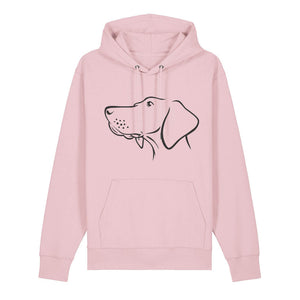 Black outline illustration of the head of a Hungarian Vizsla on the front of a cotton pink unisex Hoodie