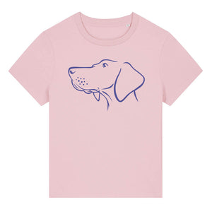 Blue outline illustration of the head of a Hungarian Vizsla on the front of a cotton pink ladies t-shirt