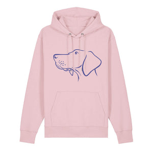 Blue outline illustration of the head of a Hungarian Vizsla on the front of a cotton pink unisex Hoodie
