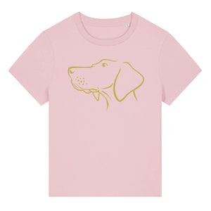 Gold outline illustration of the head of a Hungarian Vizsla on the front of a cotton pink ladies t-shirt
