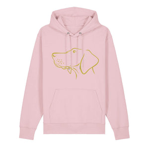 Gold outline illustration of the head of a Hungarian Vizsla on the front of a cotton pink unisex Hoodie