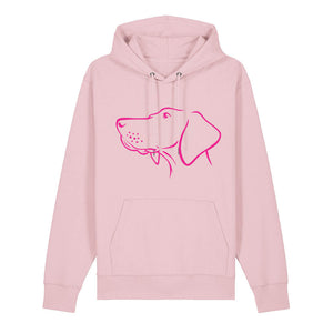 Magenta outline illustration of the head of a Hungarian Vizsla on the front of a cotton pink unisex Hoodie