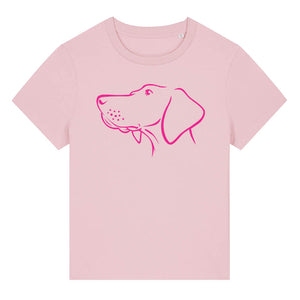 Magenta outline illustration of the head of a Hungarian Vizsla on the front of a cotton pink ladies t-shirt