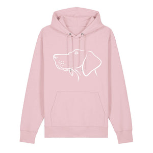 White outline illustration of the head of a Hungarian Vizsla on the front of a cotton pink unisex Hoodie